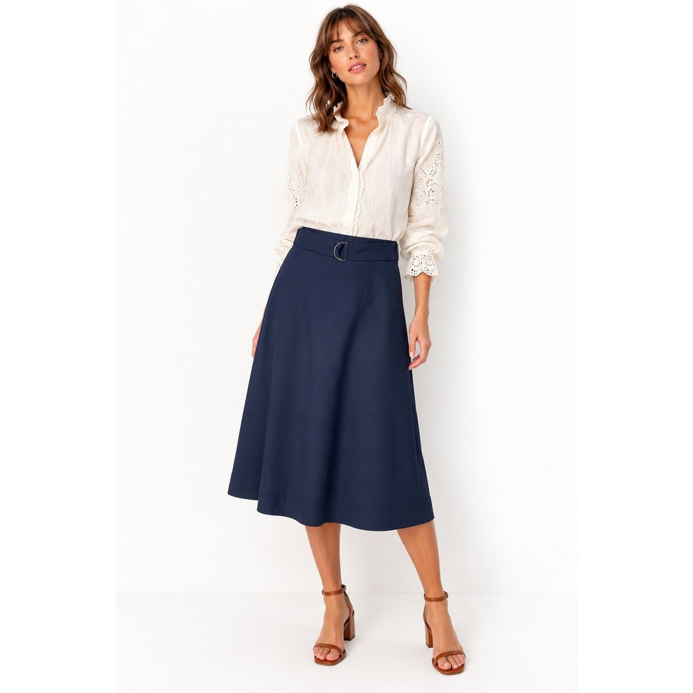 41 Hawthorn Leah Wrinkle-free Belted Skirt Navy A-Line Midi Size 8 NWT